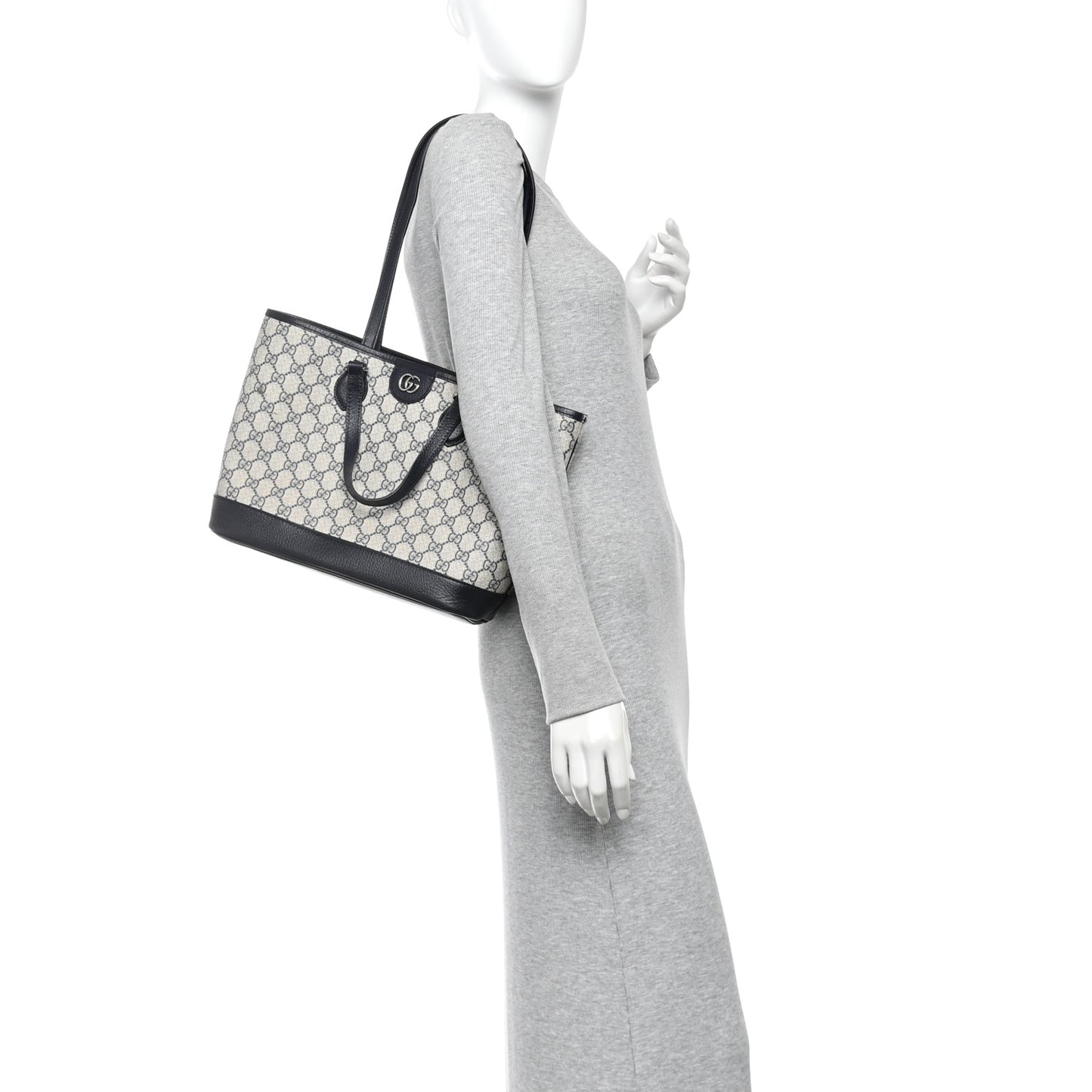 GG Supreme Monogram Textured Dollar Calfskin Medium Shoulder Tote Bag Beige Blue