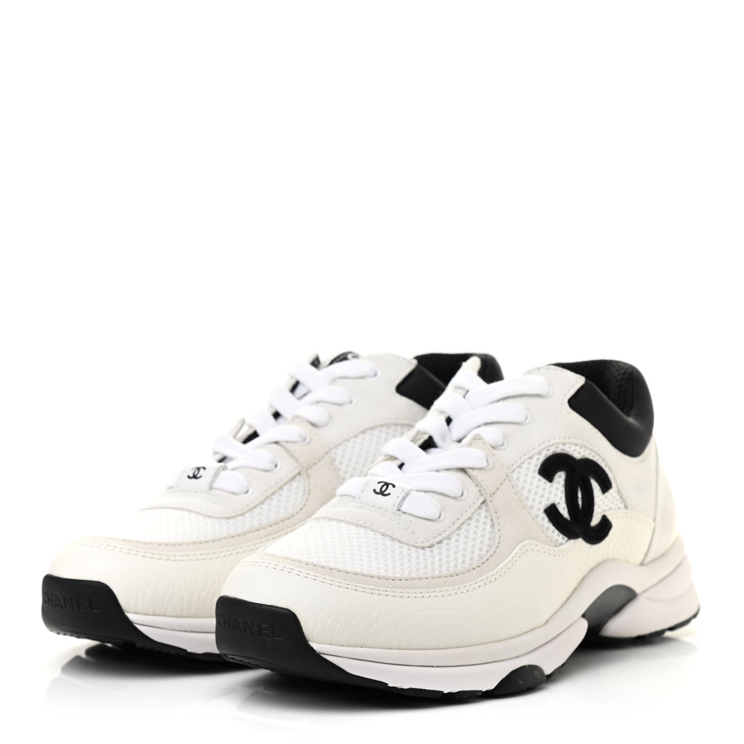 Chanel Mesh Suede Calfskin Grained Calfskin Womens CC Sneakers 37 White Black 3 of 7