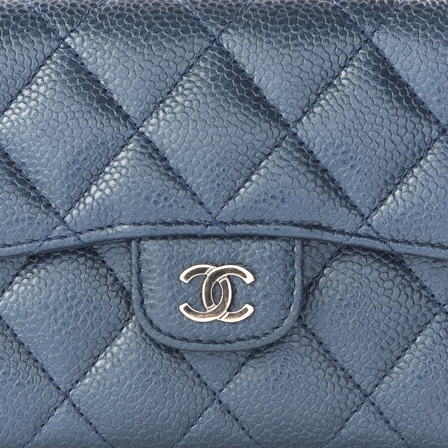 Metallic Caviar Quilted Compact Flap Wallet Dark Blue