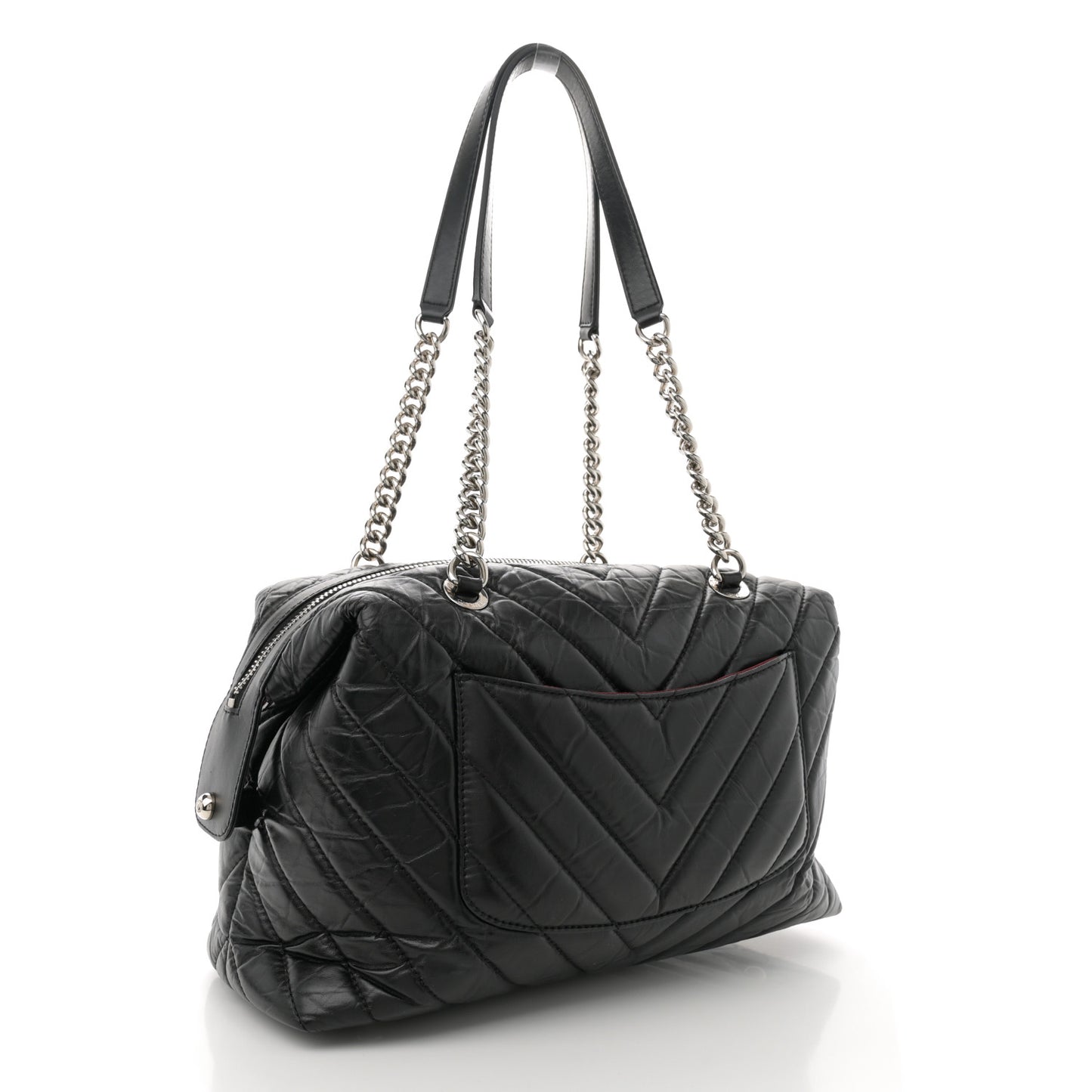 Aged Calfskin Chevron Quilted Bowling Bag Black