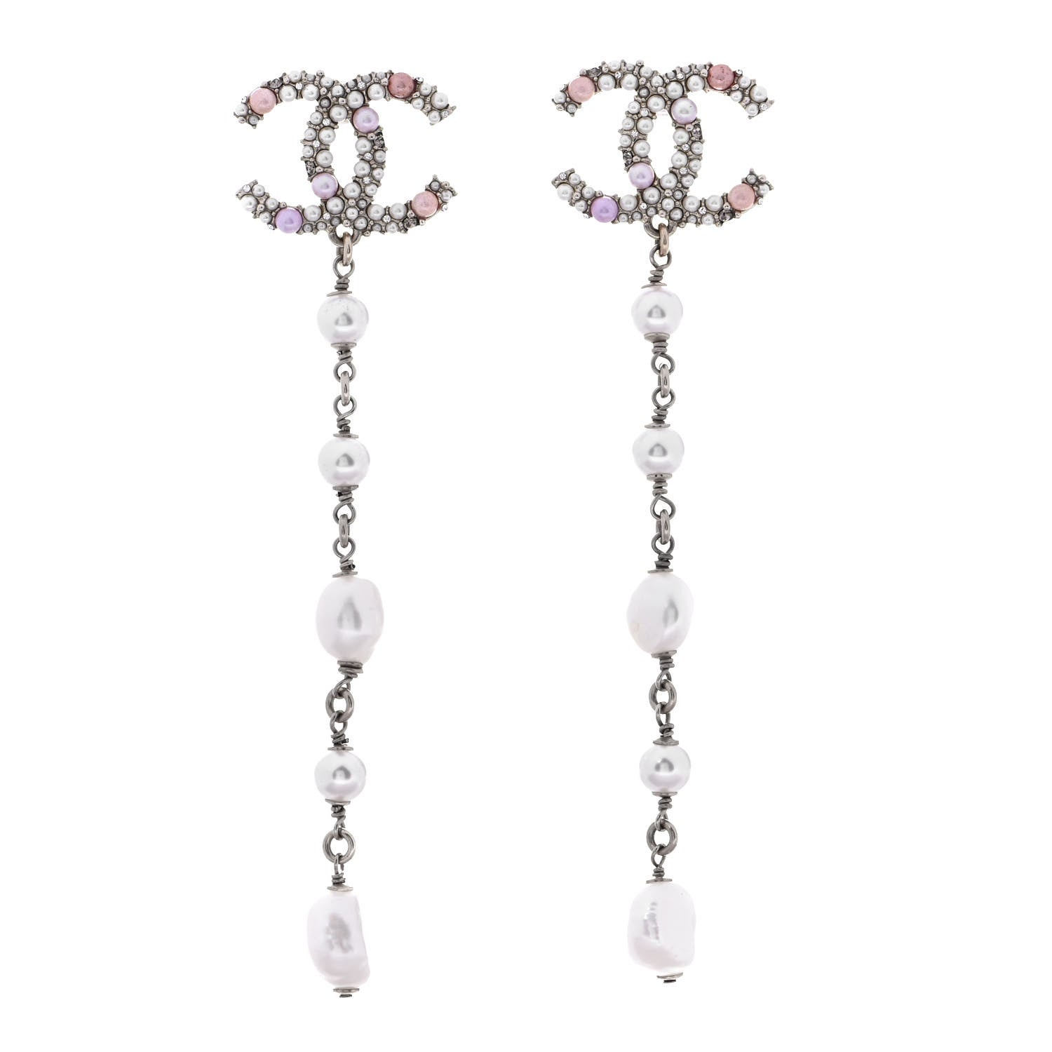 Chanel Pearl Crystal CC Charms Dangle Earrings Light Gold Pink 1 of 4