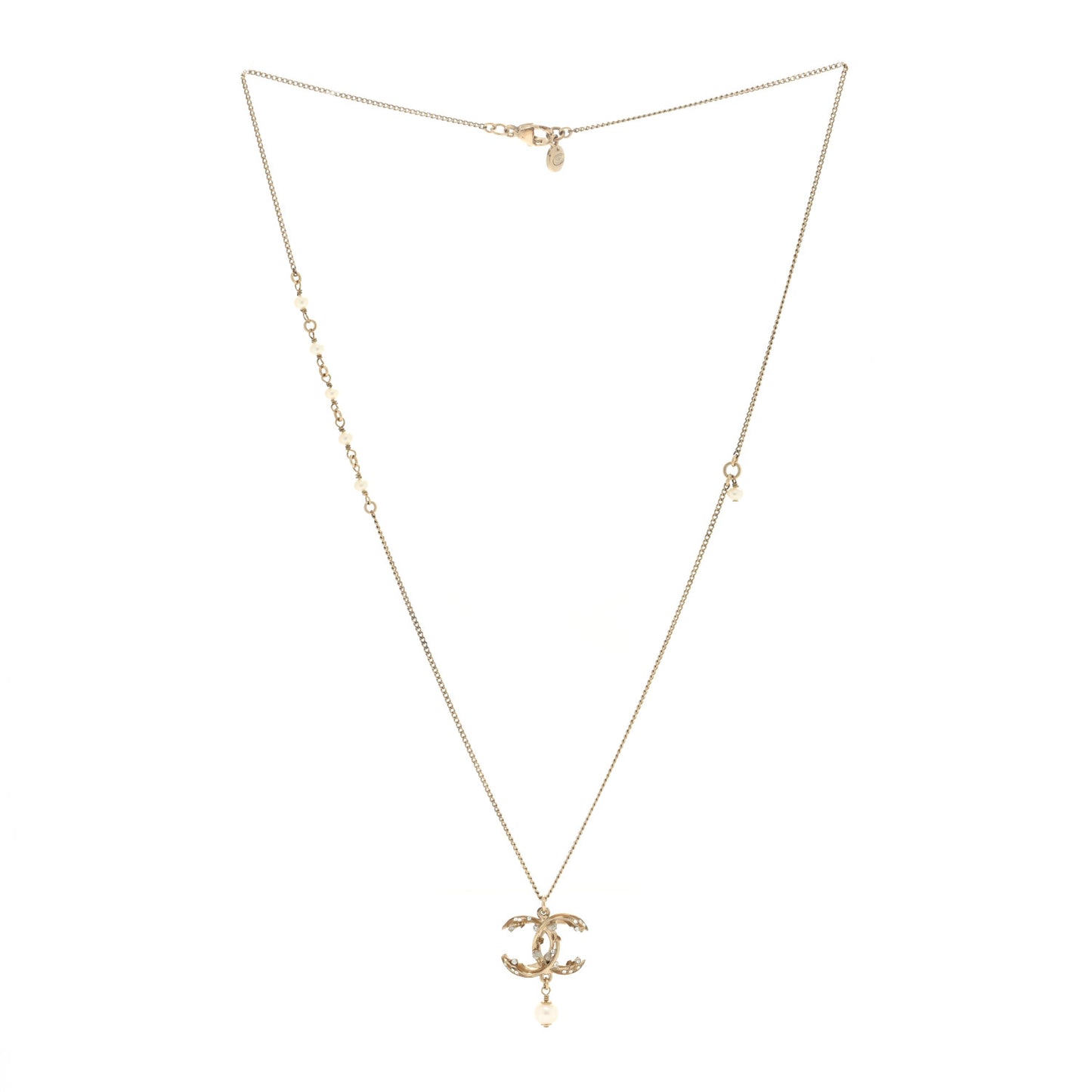 Pearl Crystal CC Drop Necklace Gold