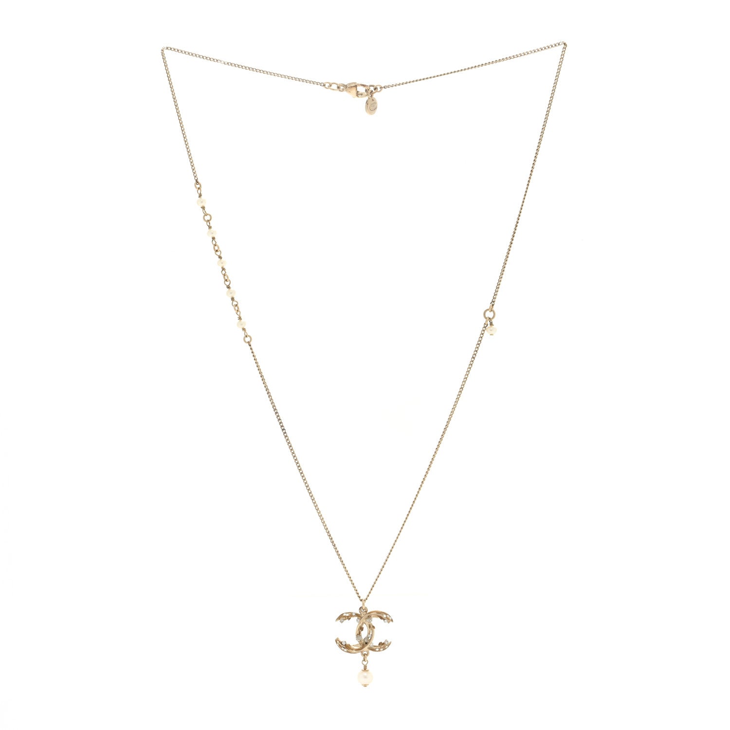 Chanel Pearl Crystal CC Drop Necklace Gold 3 of 4