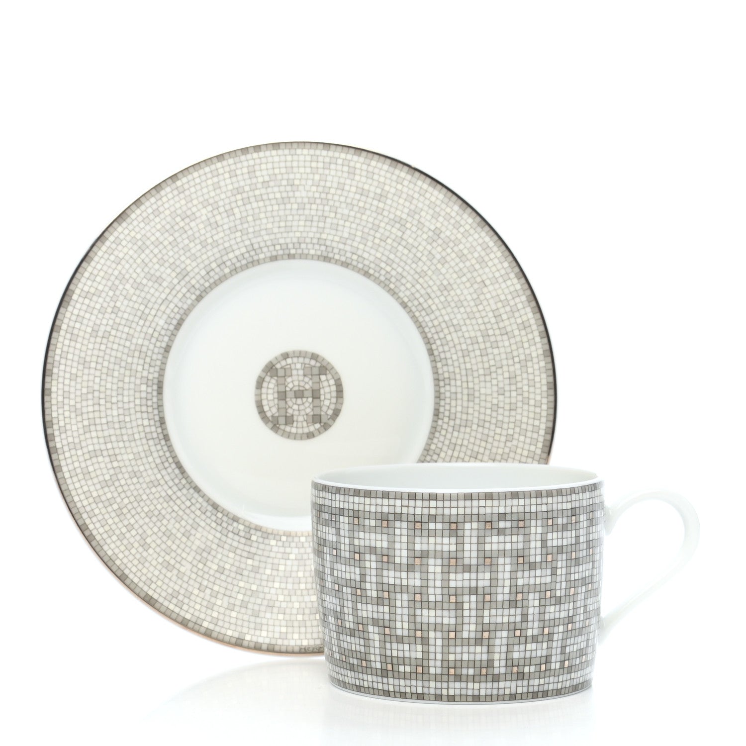 Hermes Porcelain Mosaique Au 24 Platine Tea Cup And Saucer Set Of 2 Platinum 3 of 8