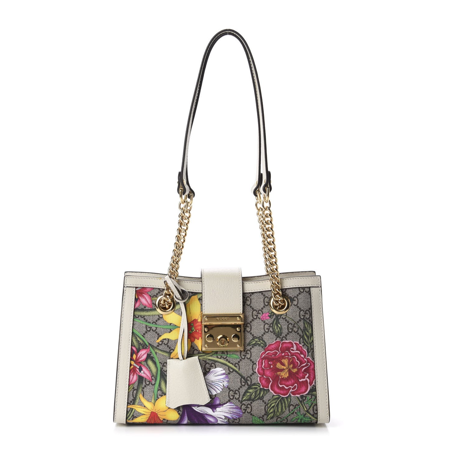 GG Supreme Monogram Flora Textured Calfskin Small Padlock Tote Beige Ebony Multicolor Mystic White