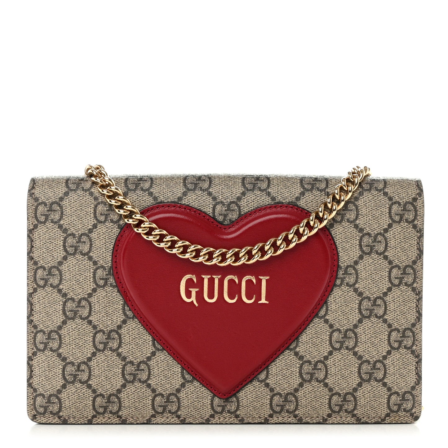GG Supreme Monogram Script Logo Heart Wallet on Chain Beige Brown