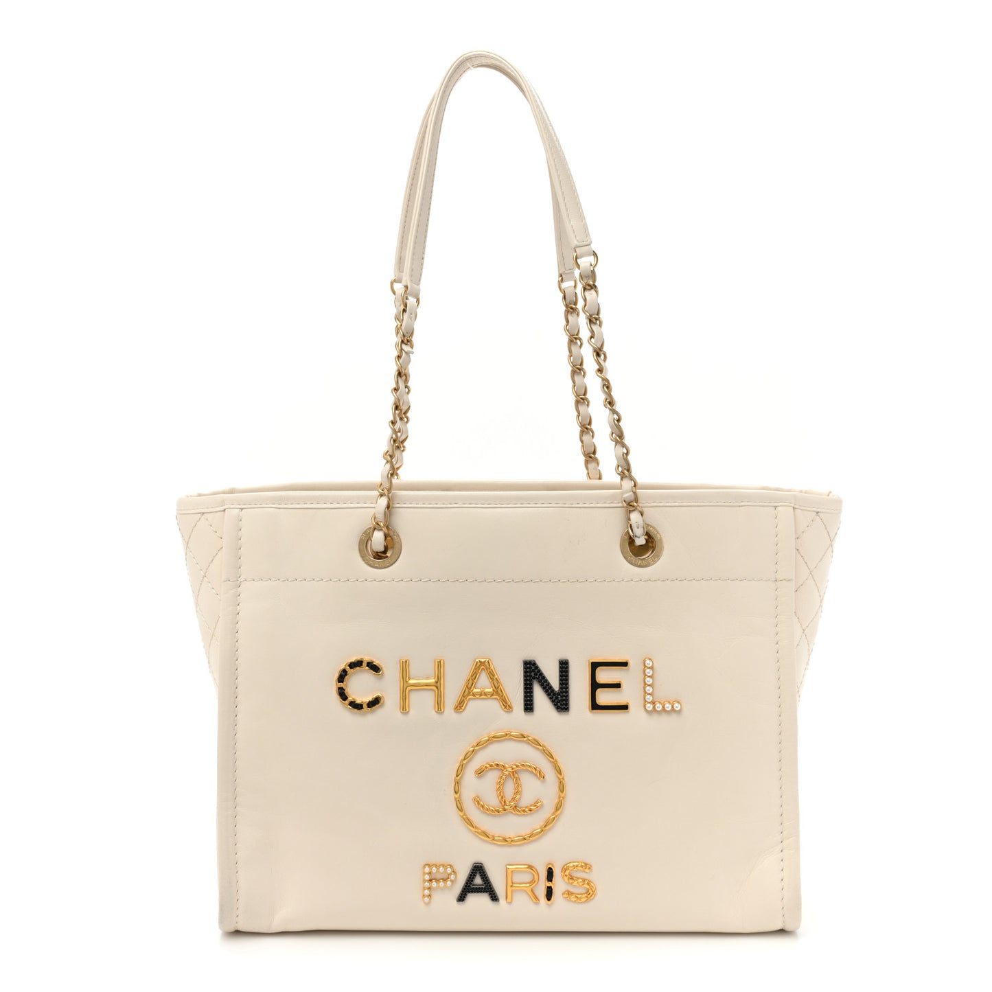 Aged Calfskin Small Charms Deauville Tote White
