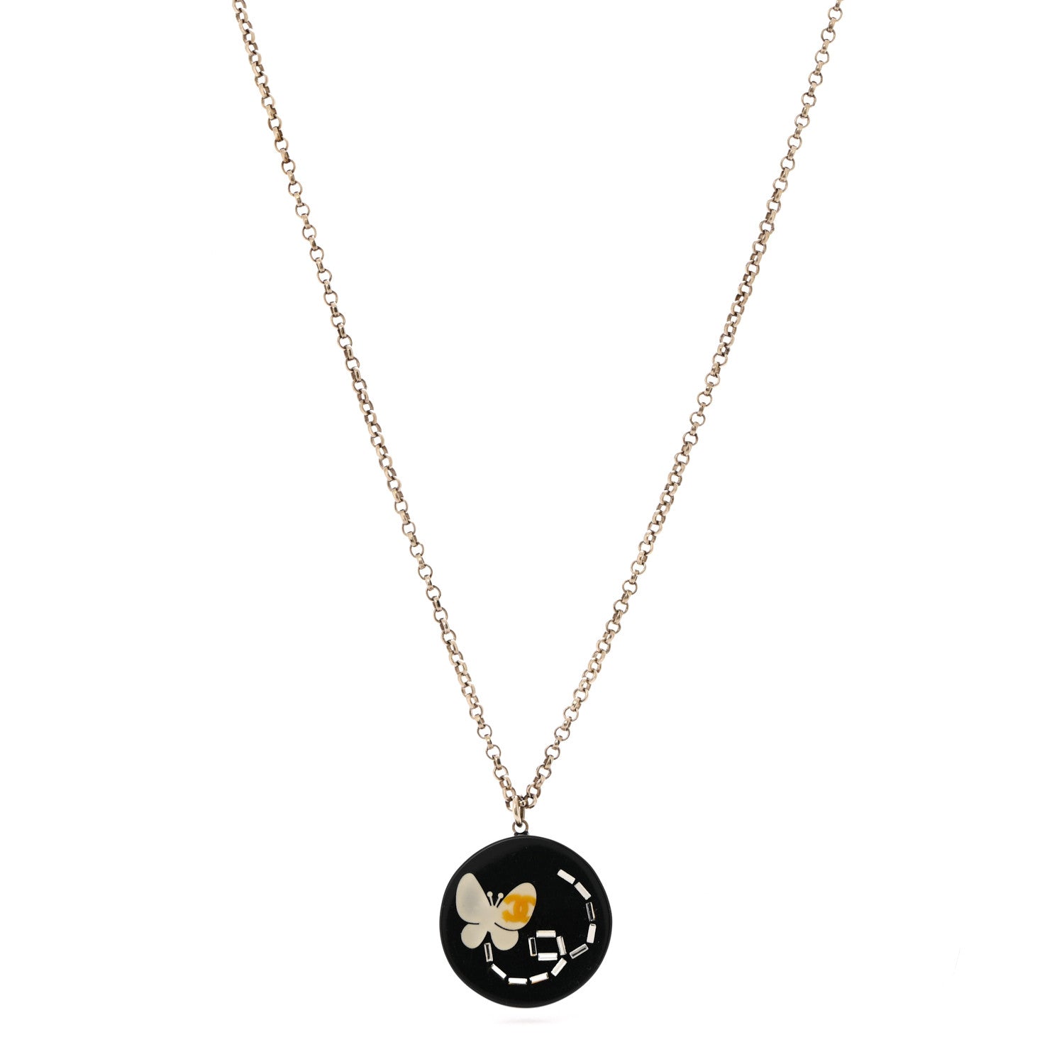 Chanel Resin Crystal Butterfly CC Pendant Necklace Gold Black 1 of 6