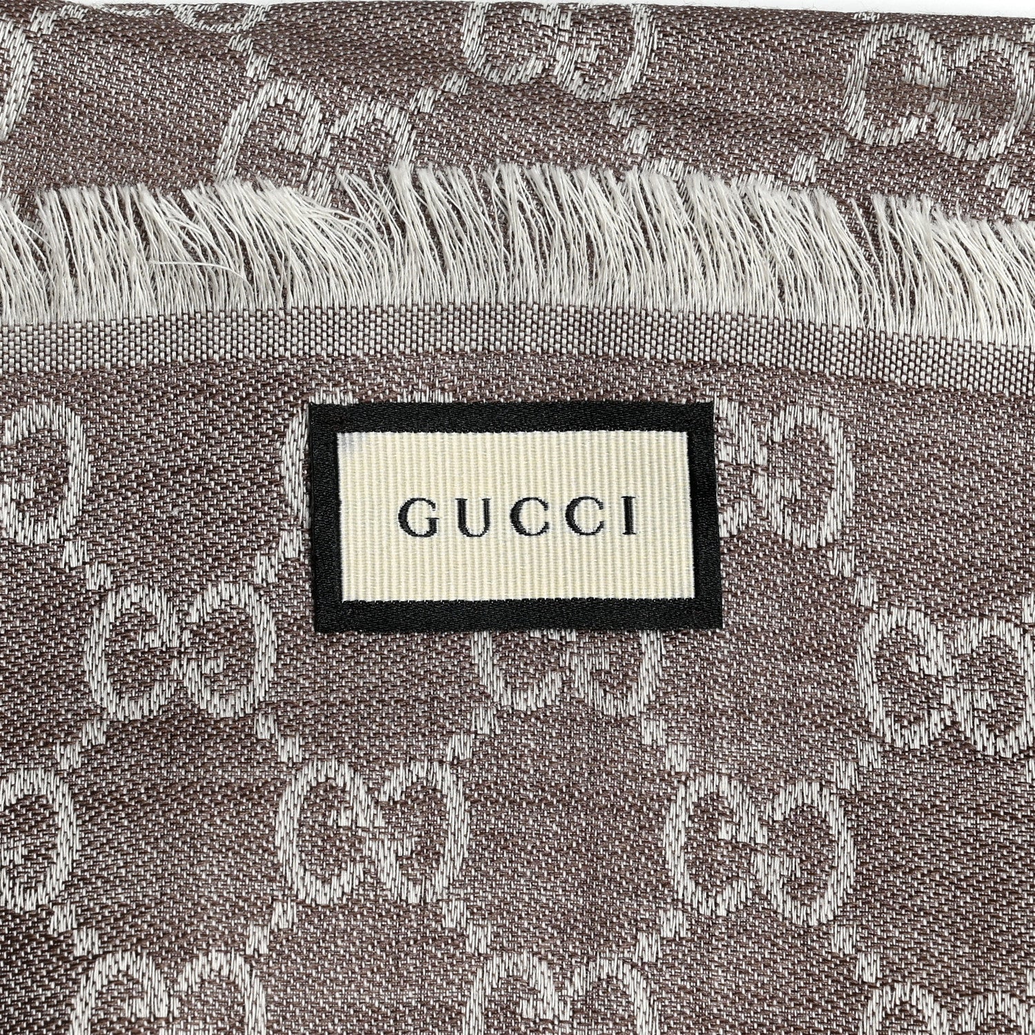 Gucci Wool Silk Monogram GGWeb Fringe Shawl Bitume Ivory 3 of 4