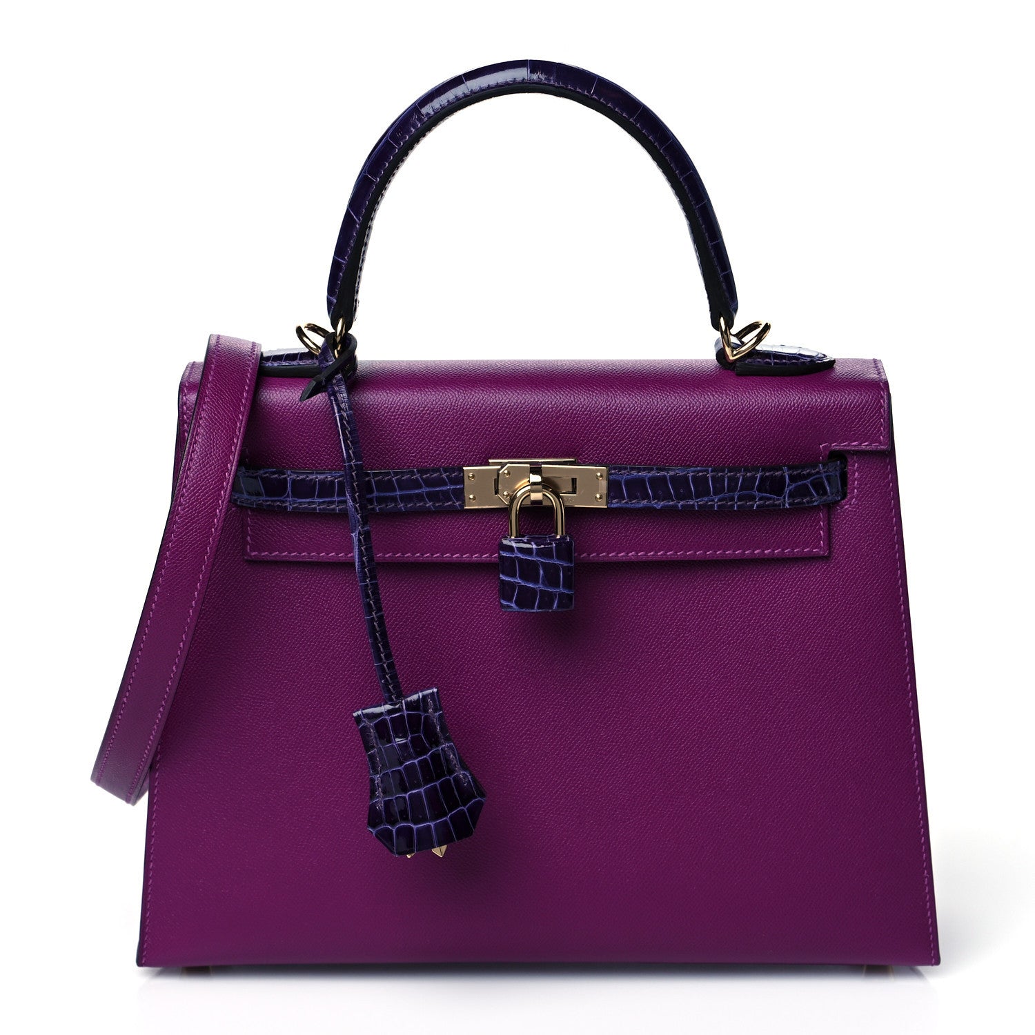 Hermes Madame Calfskin Shiny Niloticus Crocodile Kelly Sellier Touch 25 Anemone Amethyst 1 of 11