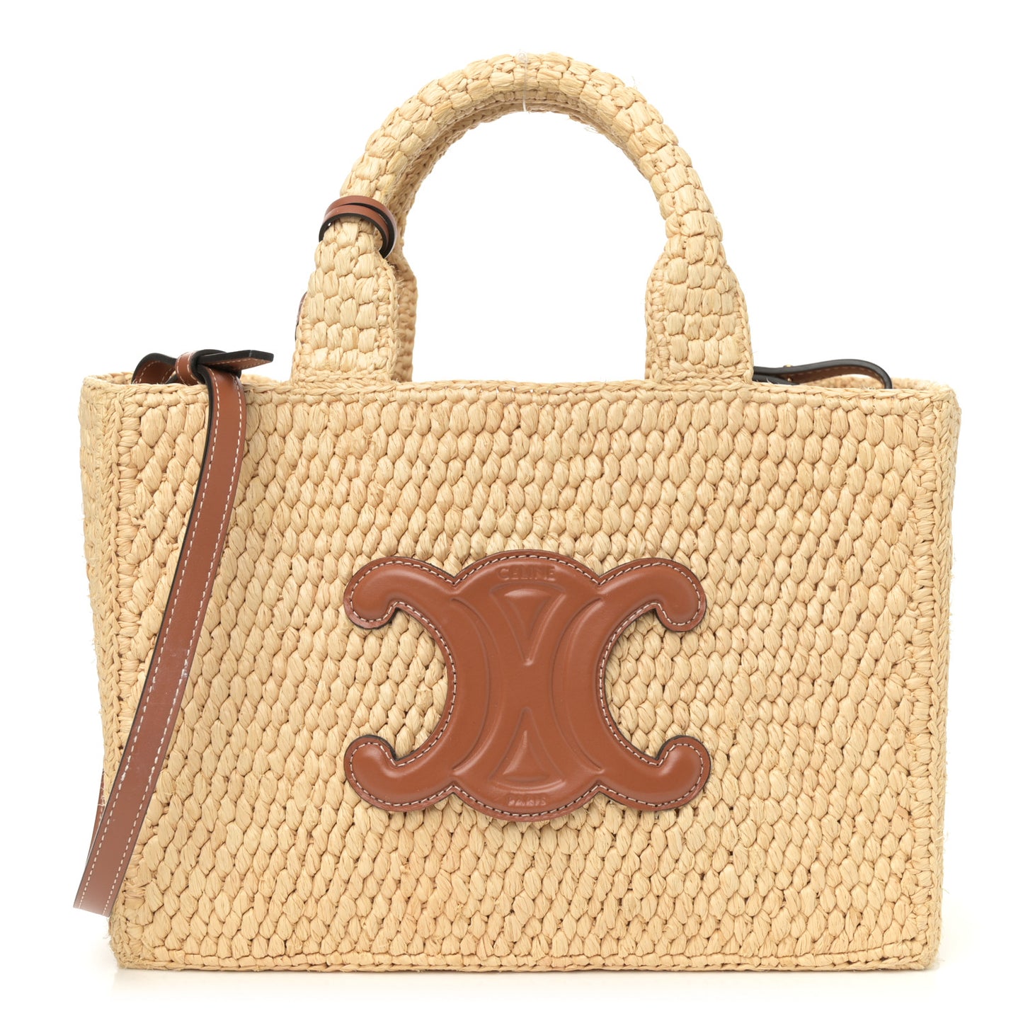 Raffia Calfskin Triomphe Small Cabas Thais Tan