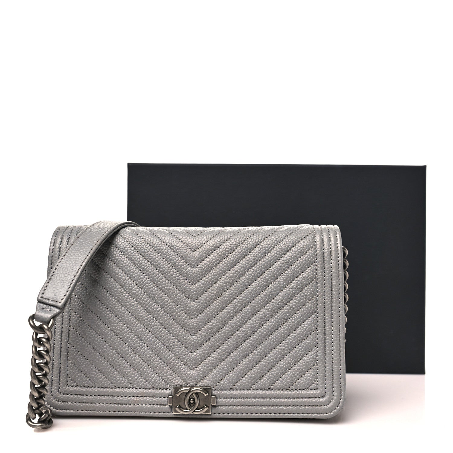 Chanel Caviar Chevron Quilted Boy Wallet On Chain WOC Grey 12 of 12