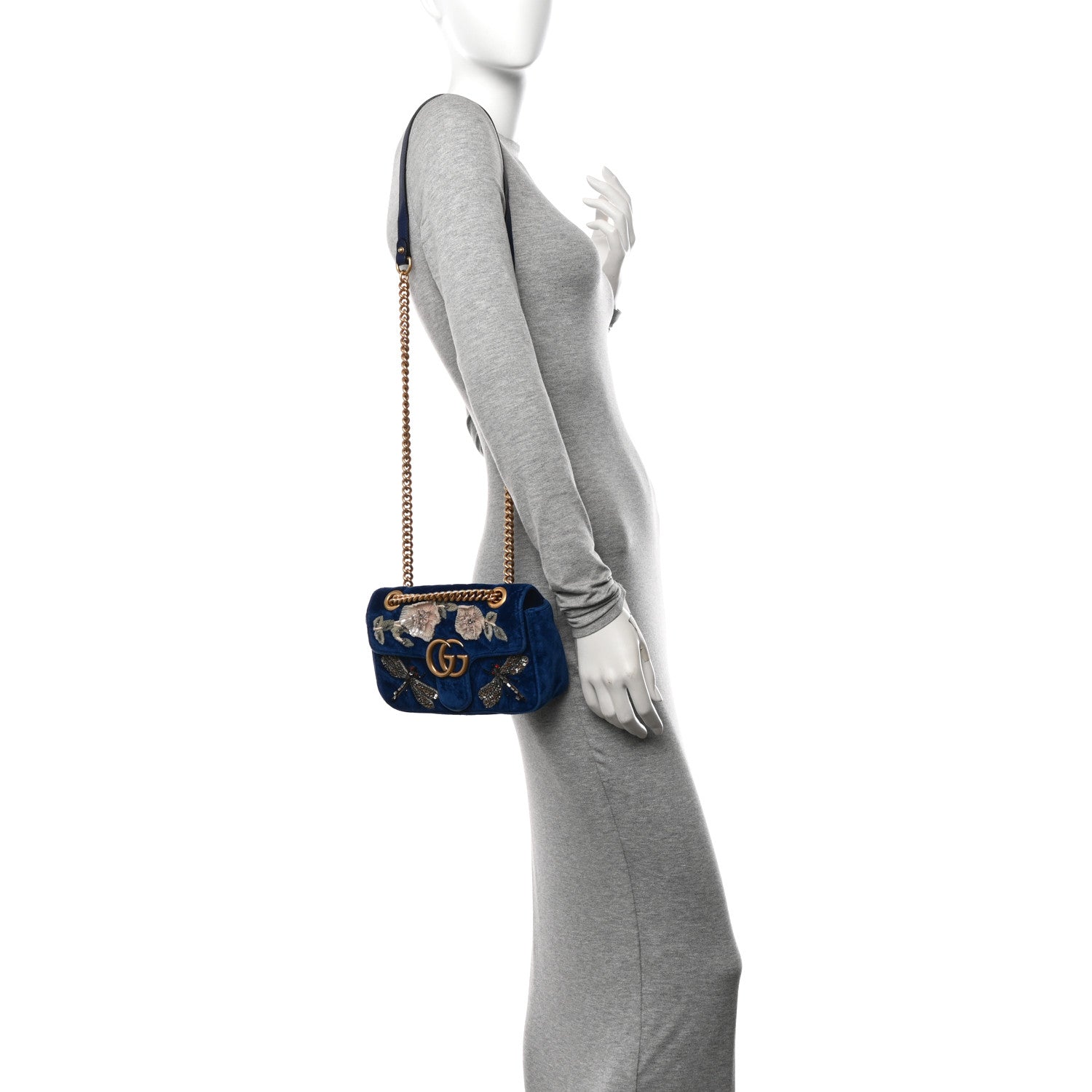 Gucci Velvet Matelasse Embroidered Mini GG Marmont Shoulder Bag Cobalt Blue 2 of 13