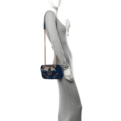 Gucci Velvet Matelasse Embroidered Mini GG Marmont Shoulder Bag Cobalt Blue 2 of 13