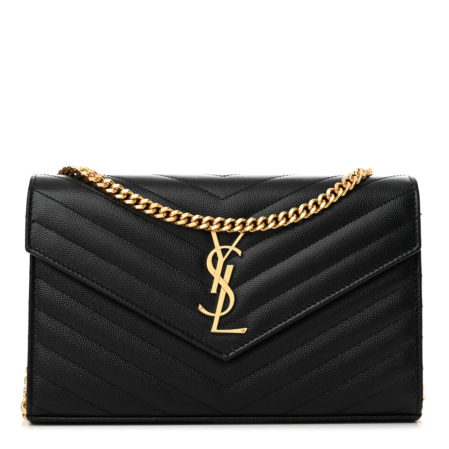 Saint Laurent Grain De Poudre Matelasse Chevron Monogram Chain Wallet Black 1 of 13