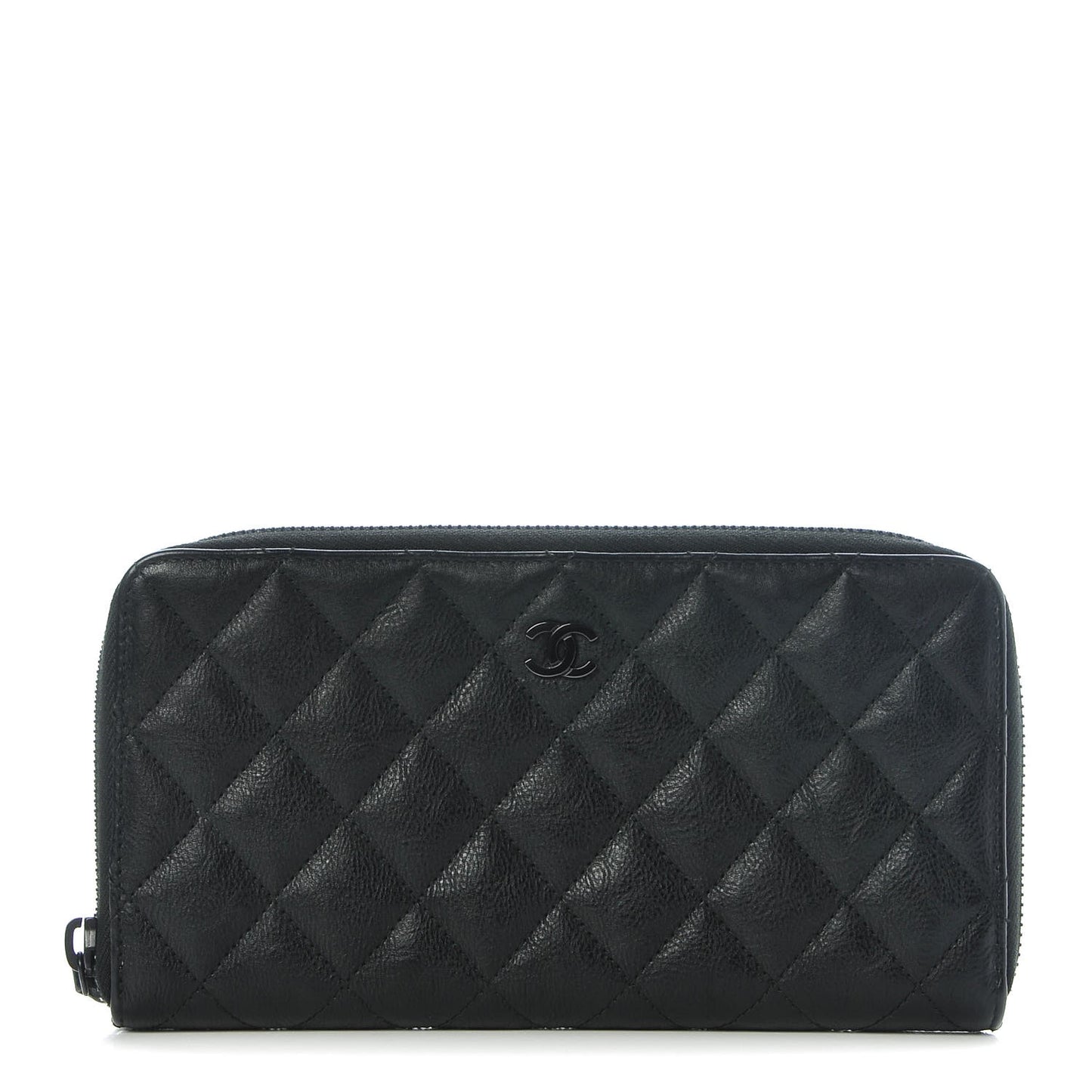 Crumpled Calfskin Quilted Large Zip Around Wallet So Black