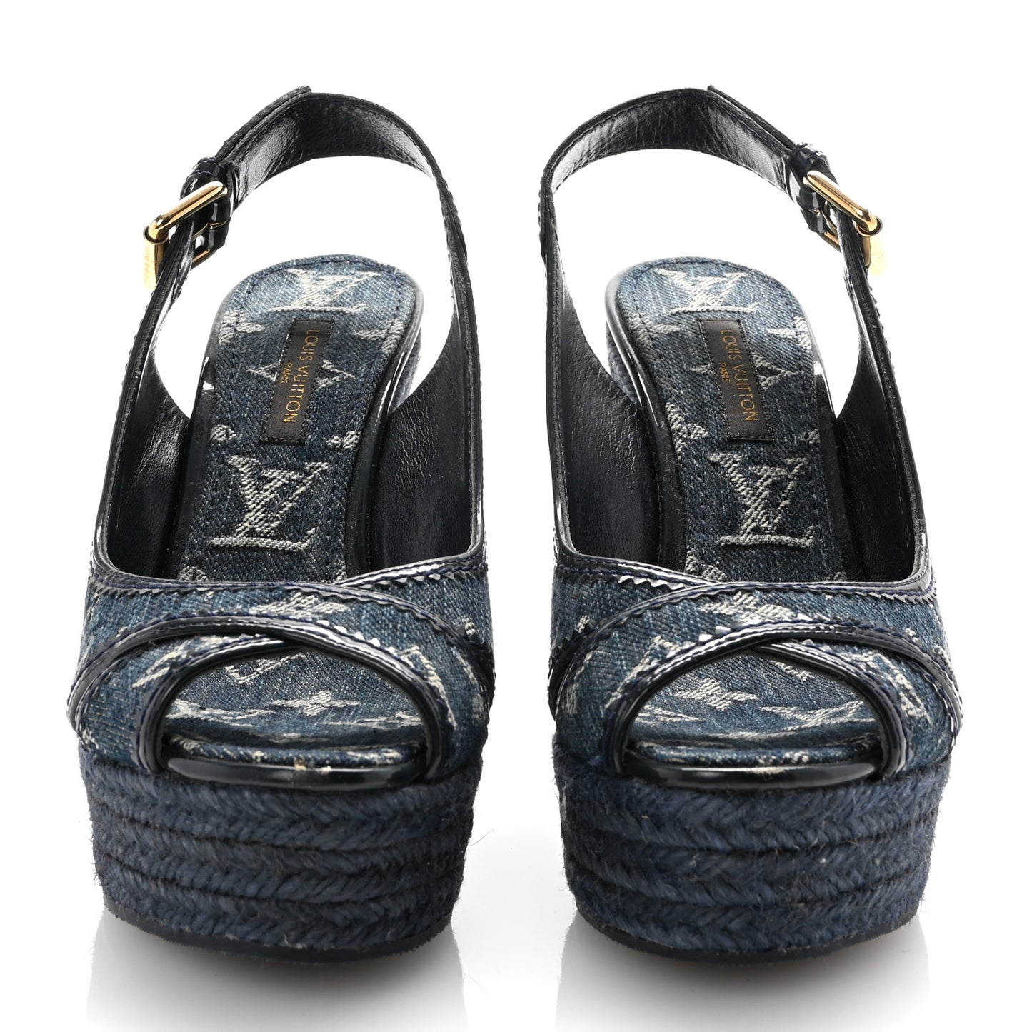 Denim Patent Espadrille Wedges 35 Blue