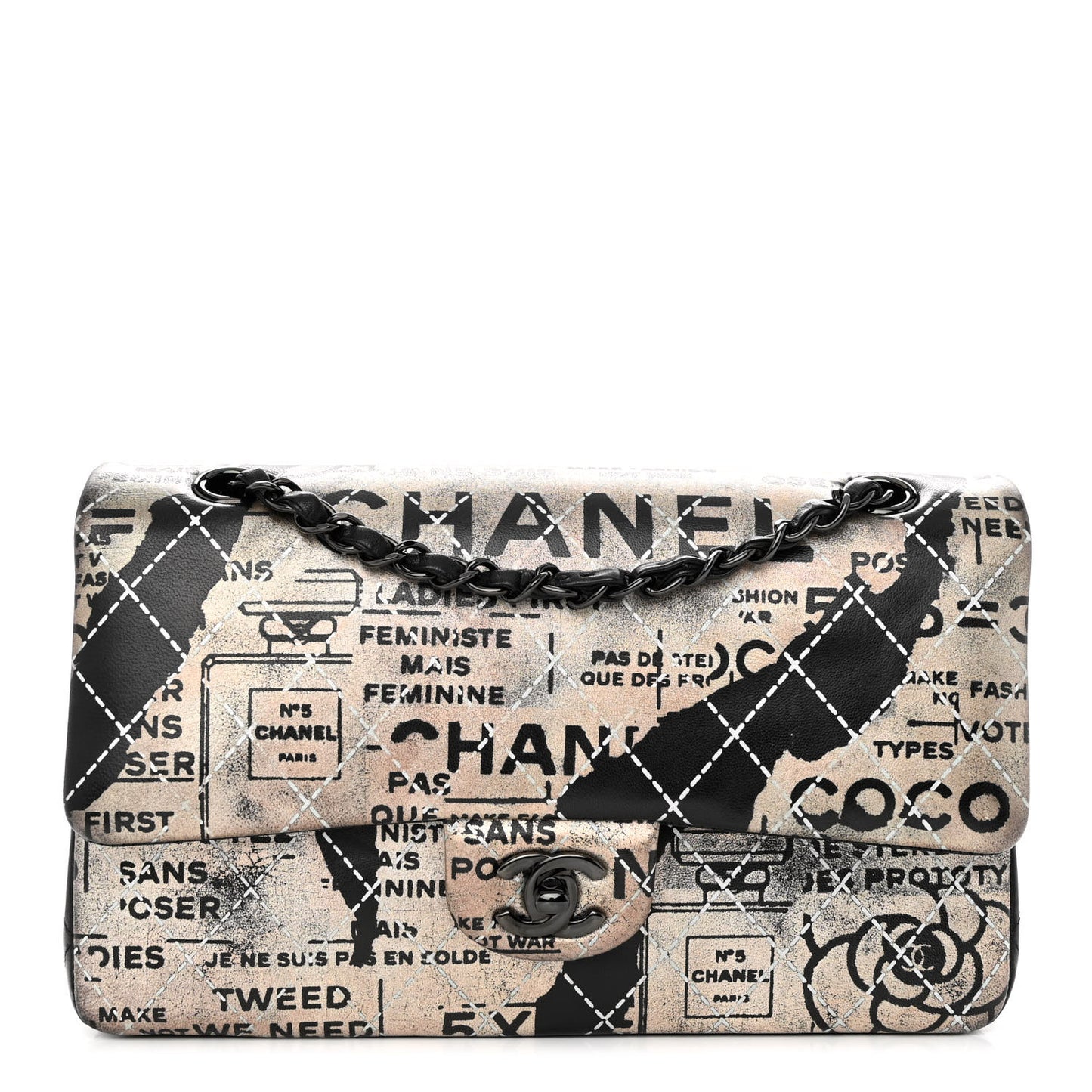 Metallic Lambskin Painted Feministe Newsprint Medium Double Flap So Black