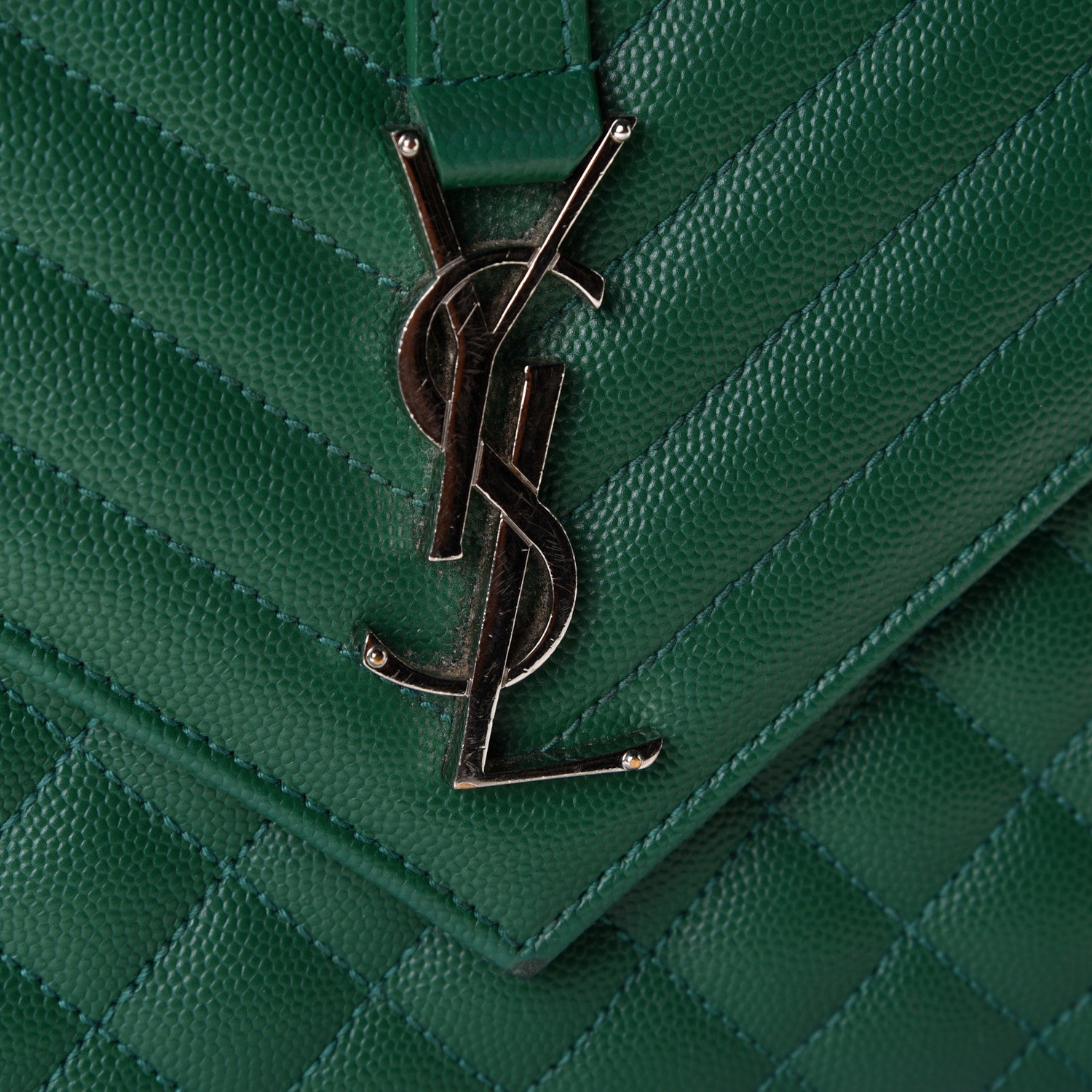 Saint Laurent Grain De Poudre Textured Mixed Matelasse Triquilt Medium Monogram Satchel Green 8 of 11