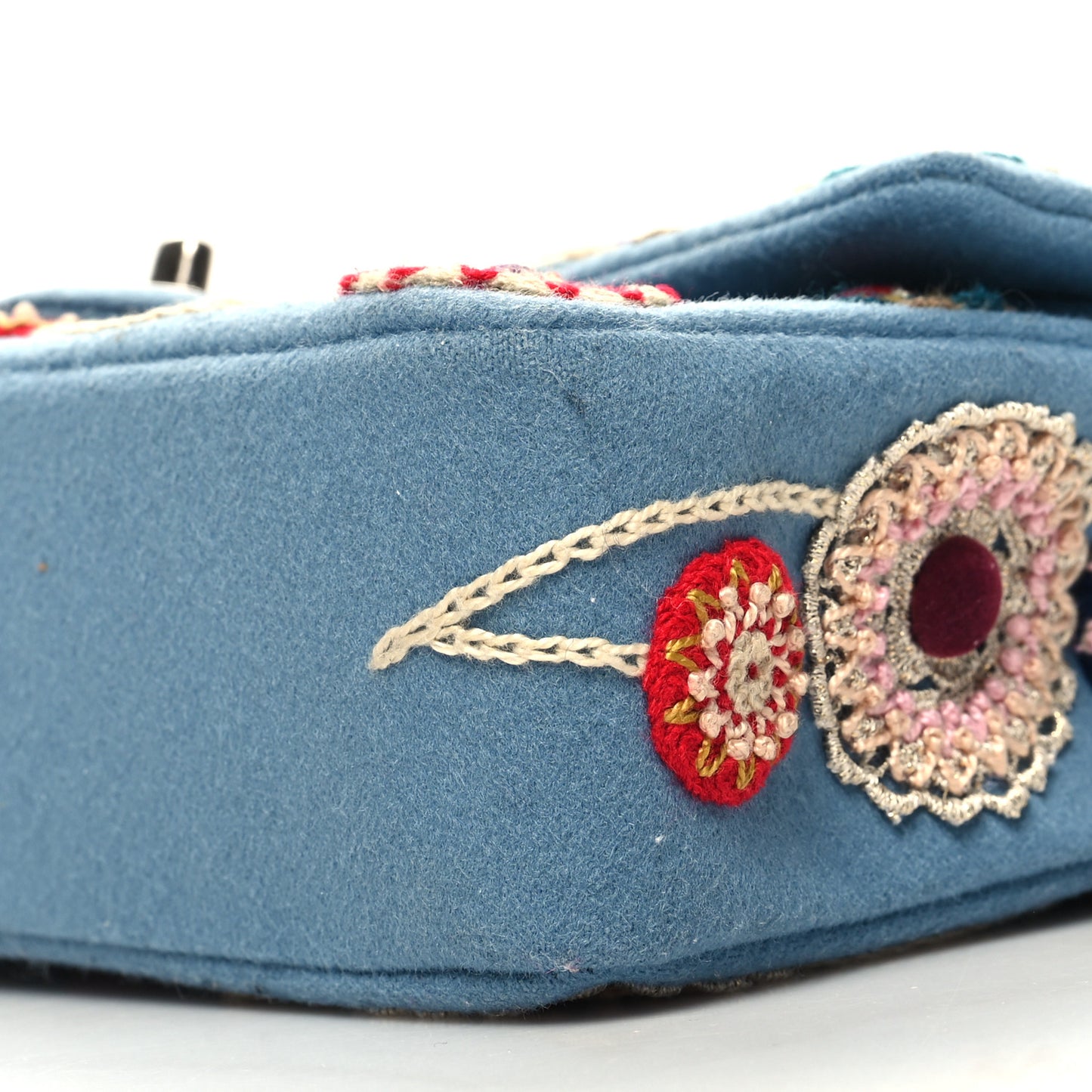 Felt Flower Embroidered Medium Double Flap Blue Multicolor