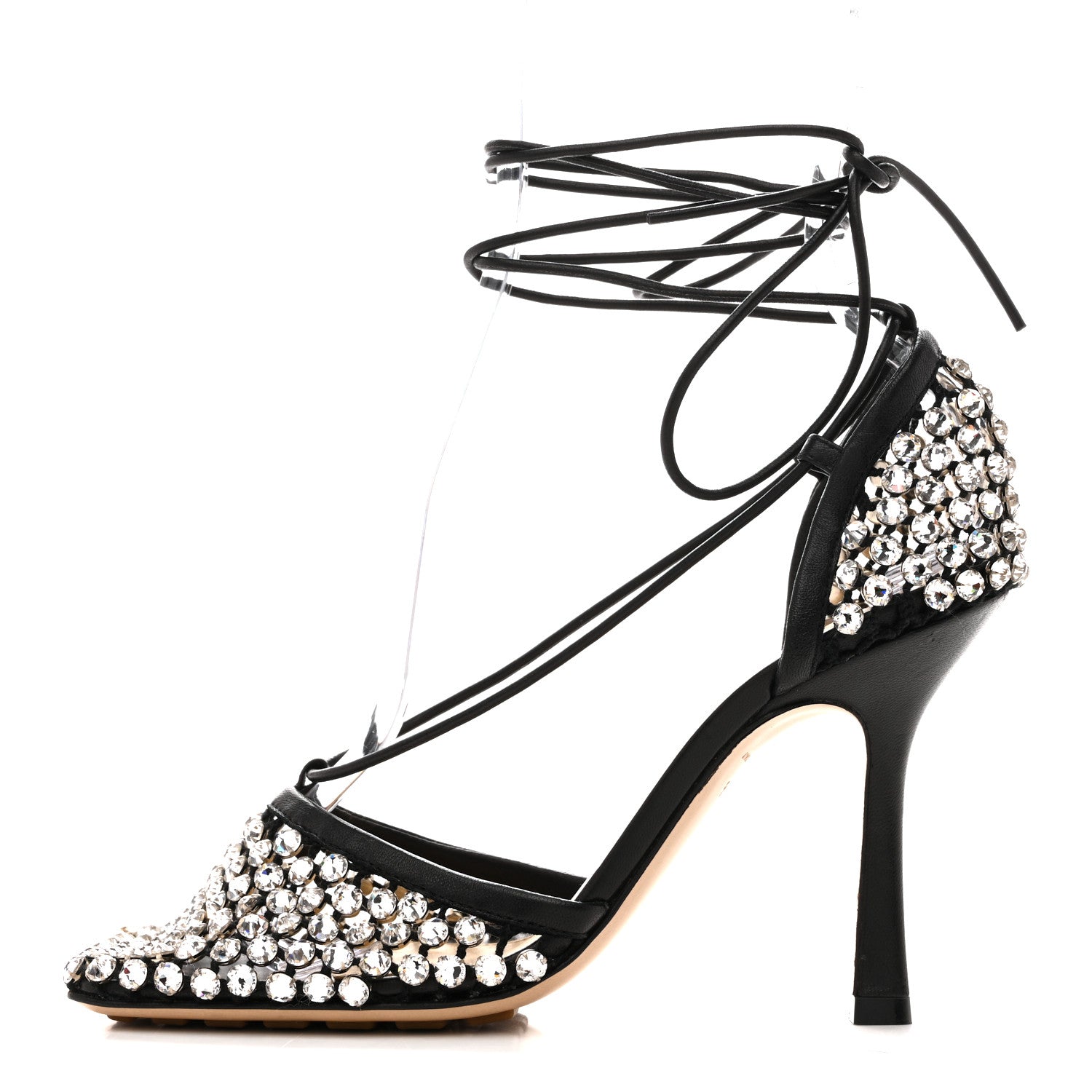 Bottega Veneta Mesh Nappa Crystal Embellished Sparkle Stretch Ankle Tie Sandals 36.5 Black 1 of 9