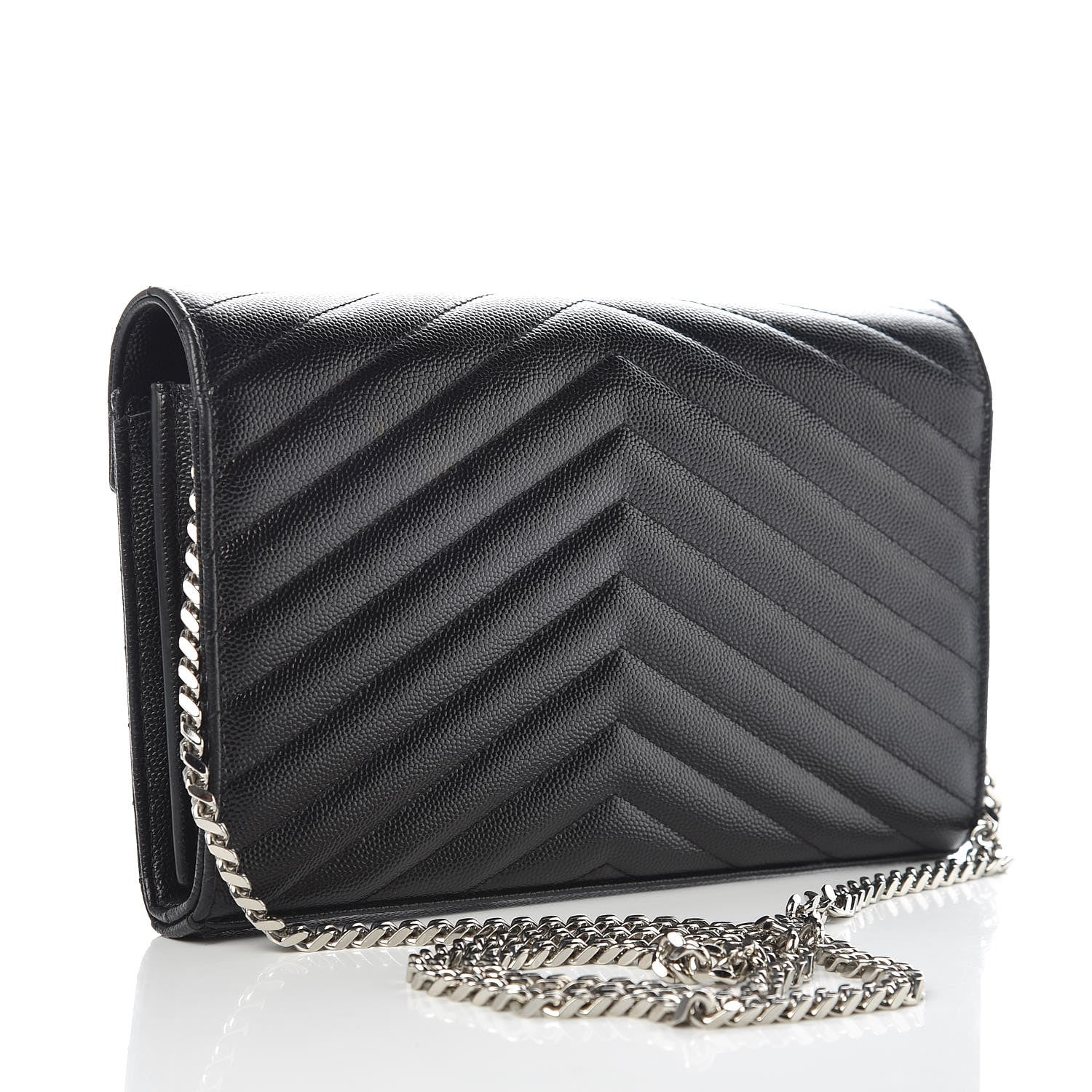 Saint Laurent Grain De Poudre Matelasse Chevron Monogram Chain Wallet Black 3 of 8