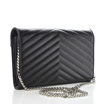 Saint Laurent Grain De Poudre Matelasse Chevron Monogram Chain Wallet Black 3 of 8