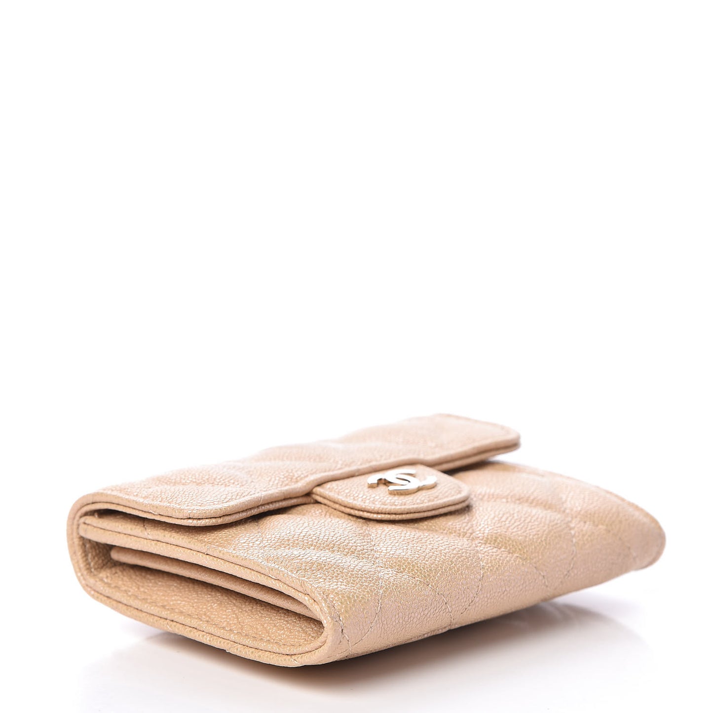 Iridescent Caviar Quilted Flap Card Holder Wallet Beige