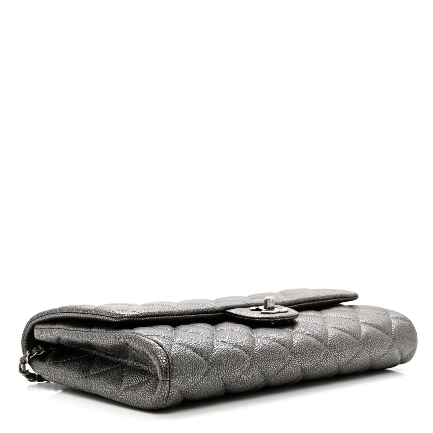 Metallic Caviar Quilted Clutch With Chain Flap Dark Silver
