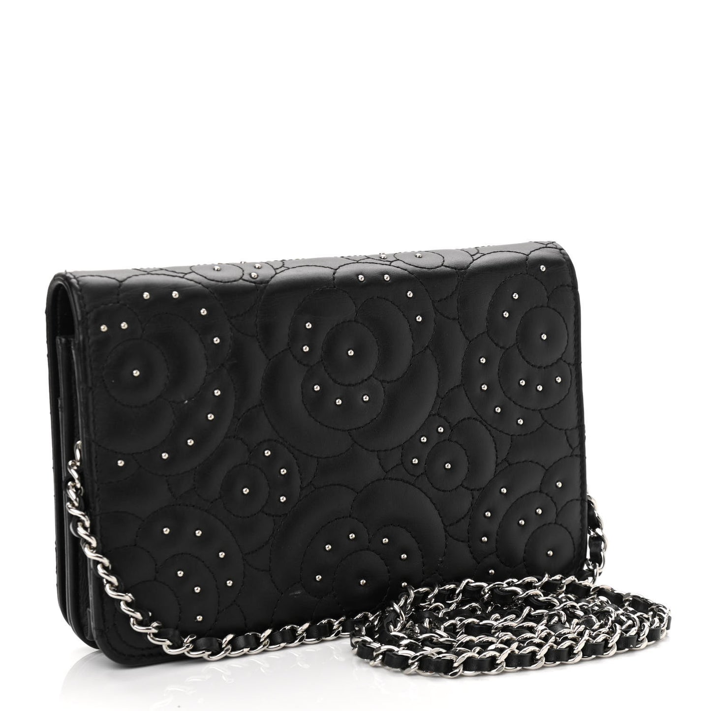 Lambskin Camellia Studded Wallet on Chain WOC Black