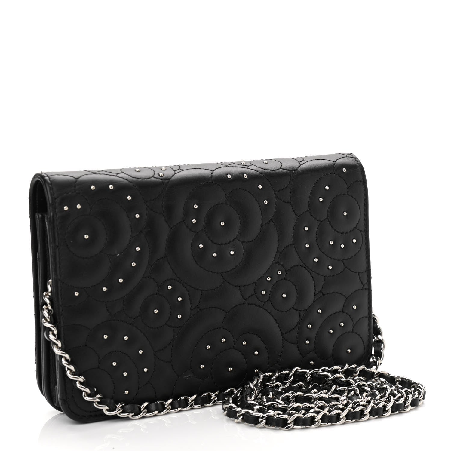 Chanel Lambskin Camellia Studded Wallet on Chain WOC Black 2 of 12