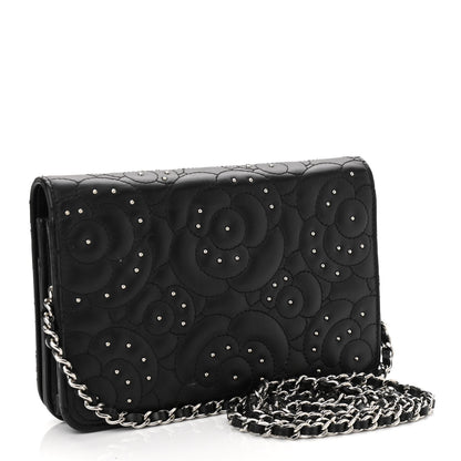 Chanel Lambskin Camellia Studded Wallet on Chain WOC Black 2 of 12