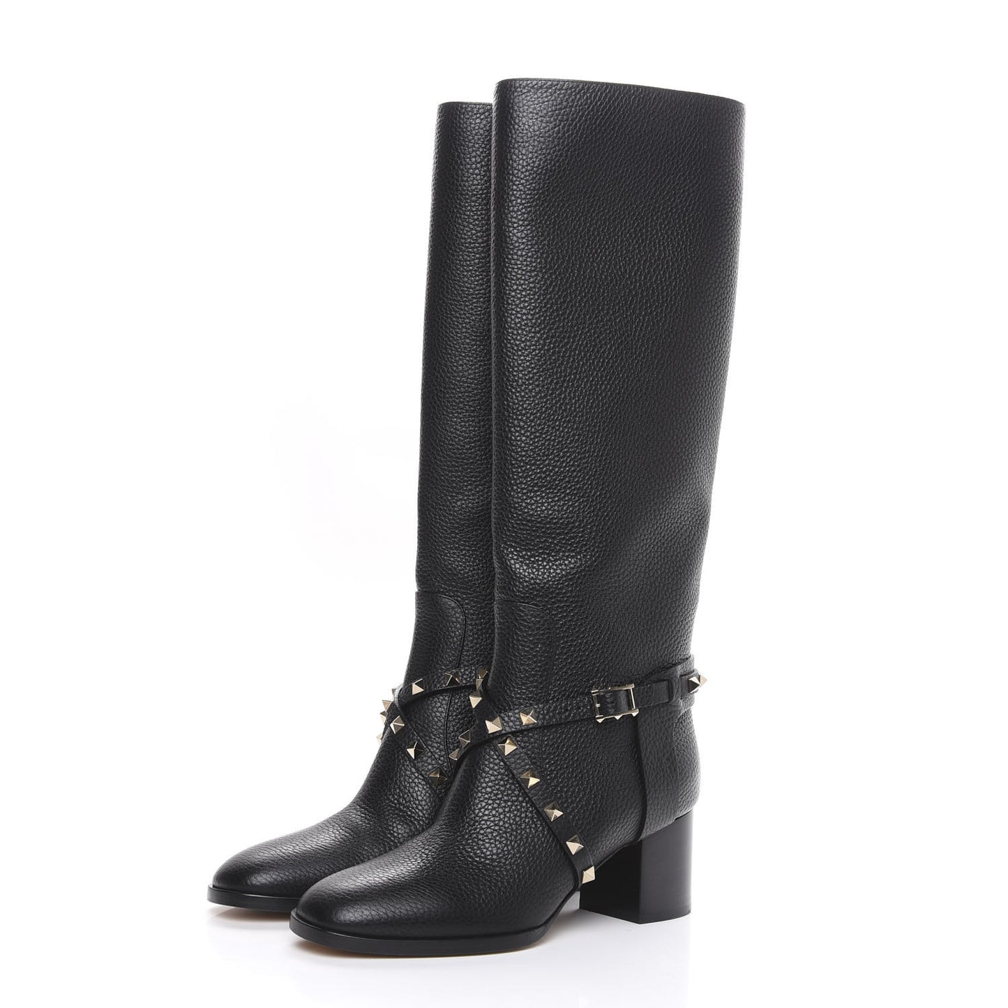 Pebbled Calfskin Rockstud Knee High Block Heel 60mm Boots 37 Black