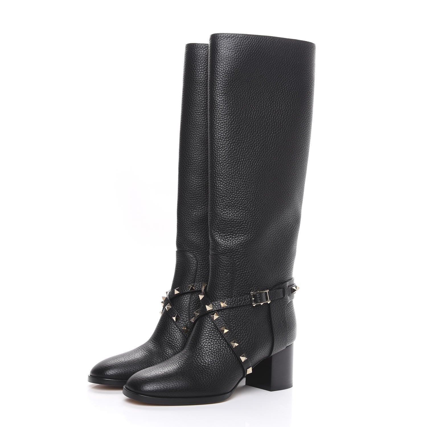 Valentino Garavani Pebbled Calfskin Rockstud Knee High Block Heel 60mm Boots 37 Black 3 of 7