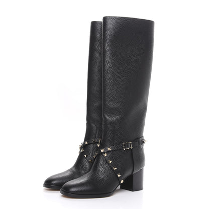 Valentino Garavani Pebbled Calfskin Rockstud Knee High Block Heel 60mm Boots 37 Black 3 of 7