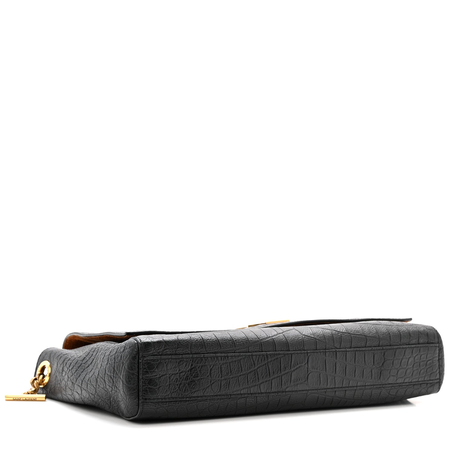 Saint Laurent Calfskin Crocodile Embossed Suede Medium Reversible Monogram Kate Satchel Military Taupe 4 of 12