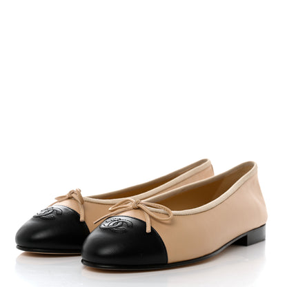 Chanel Lambskin Cap Toe CC Ballerina Flats 38 Beige Black 3 of 10