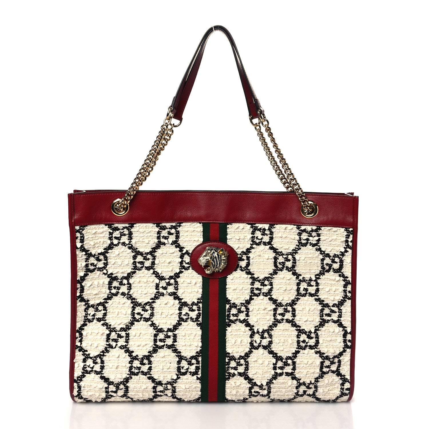 Gucci Tweed GG Monogram Large Rajah Chain Tote White Black Romantic Cherry 3 of 11