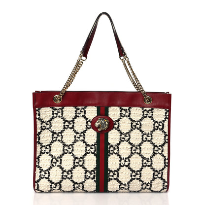Gucci Tweed GG Monogram Large Rajah Chain Tote White Black Romantic Cherry 3 of 11
