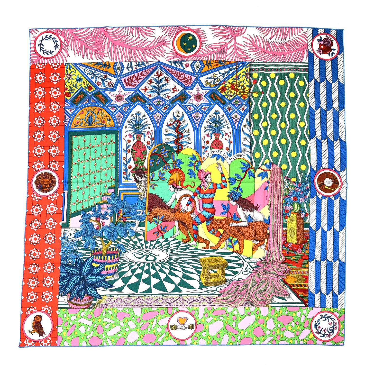 Hermes Cashmere Silk La Danse Des Amazones Shawl 140 Rouge Vert Multicolor 1 of 6