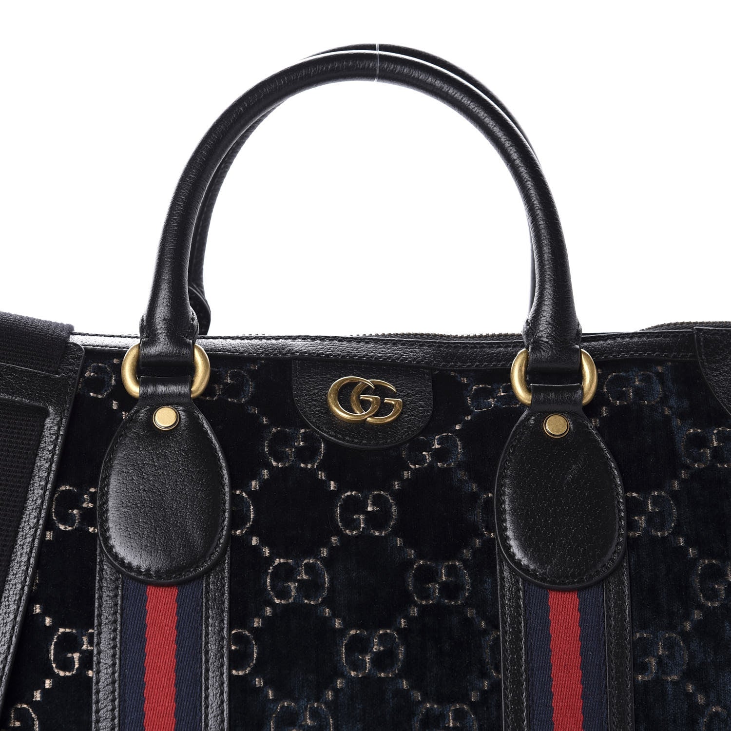 Gucci Velvet GG Monogram Textured Calfskin Web Medium Duffle Bag Blue Beige Black 9 of 9