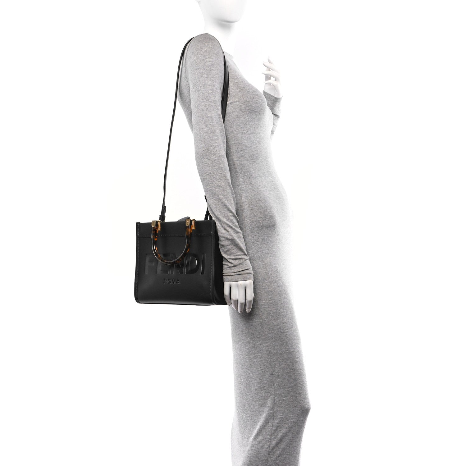 Fendi Vitello King Plexiglass Logo Embossed Small Fendi Sunshine Shopper Tote Black 2 of 9