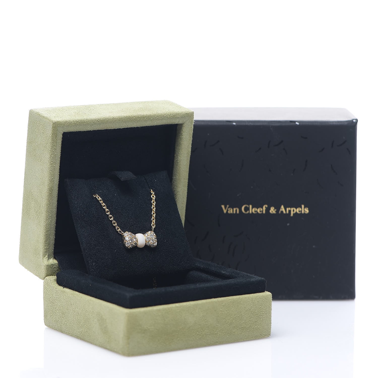 Van Cleef & Arpels 18K Yellow Gold Diamond White Coral Bow Necklace 4 of 5