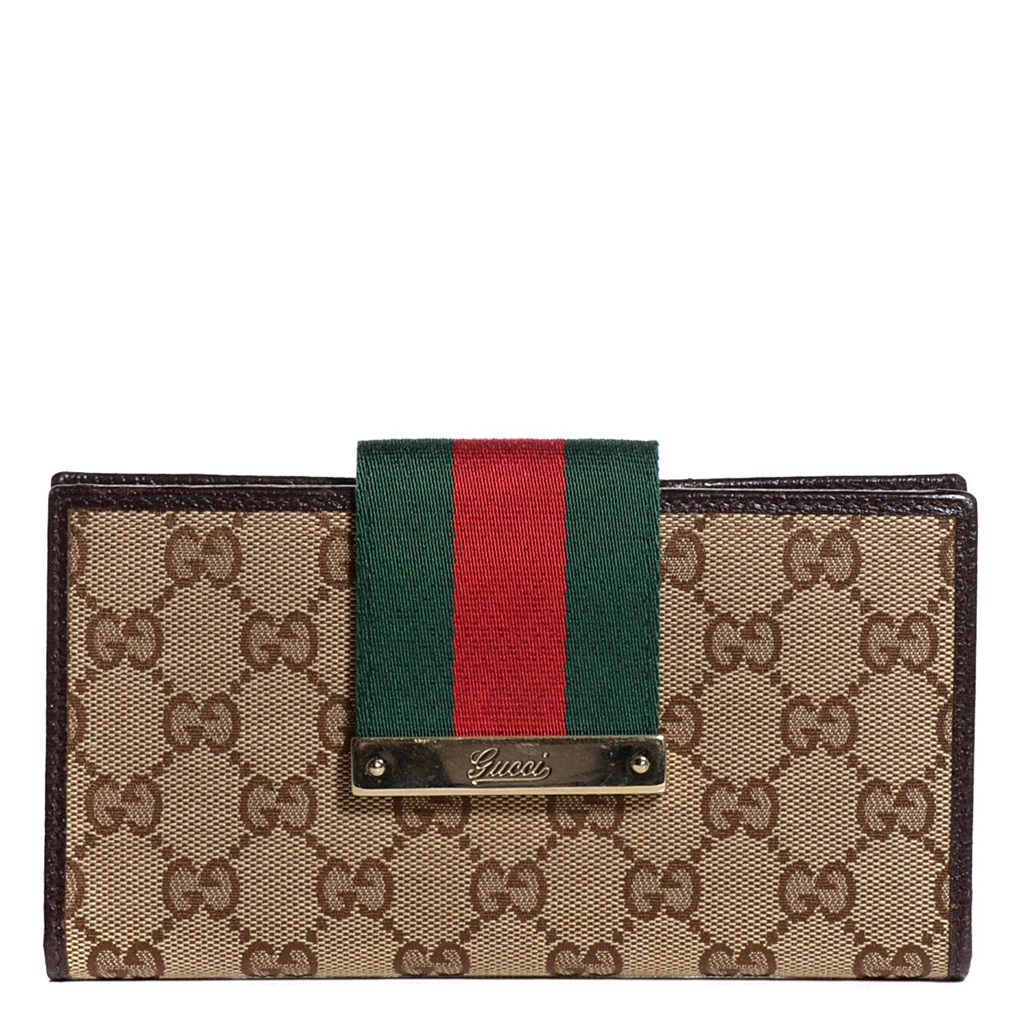 Gucci Monogram Calfskin Ladies Web Long Wallet Beige Ebony Cocoa 1 of 7
