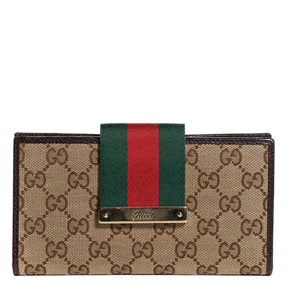 Gucci Monogram Calfskin Ladies Web Long Wallet Beige Ebony Cocoa 1 of 7