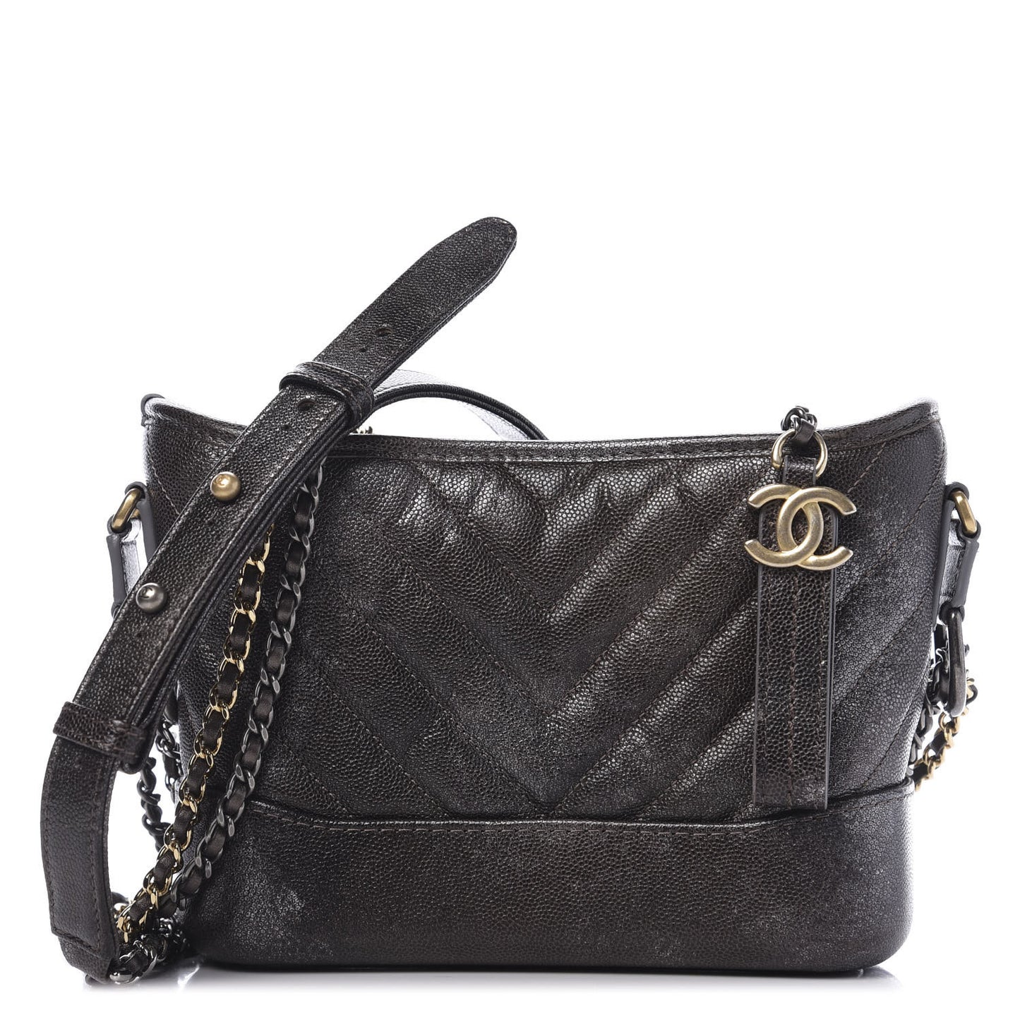 Metallic Caviar Chevron Quilted Small Gabrielle Hobo Brown Gold