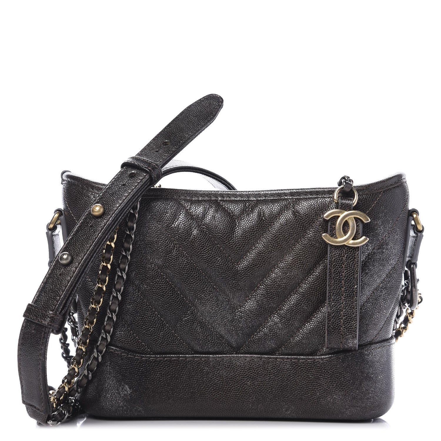 Chanel Metallic Caviar Chevron Quilted Small Gabrielle Hobo Brown Gold 1 of 11