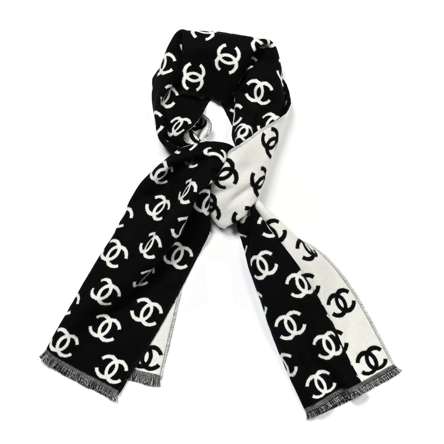 Chanel Wool Cashmere CC Scarf Black White 1 of 5