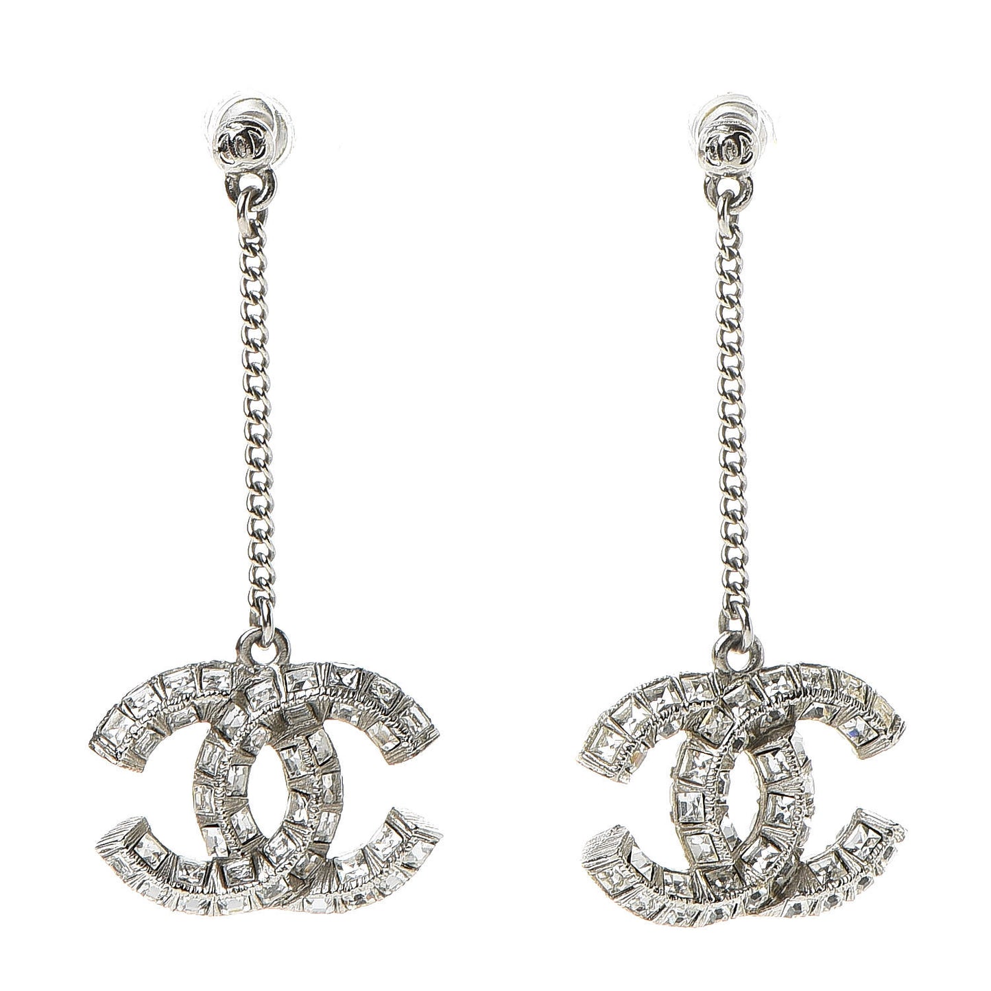 Baguette Crystal CC Drop Earrings Silver