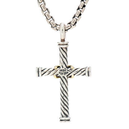 David Yurman Sterling Silver 18K Yellow Gold 35mm Cable Cross Pendant Necklace 3 of 4